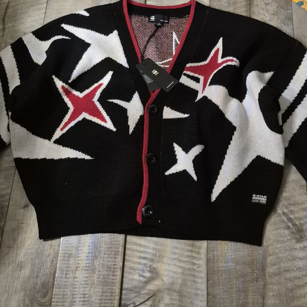 G-Star Knit Cardigan Sweater Loose Fit  Festive Wool Blend Graphic Star L NWT - Picture 4 of 10